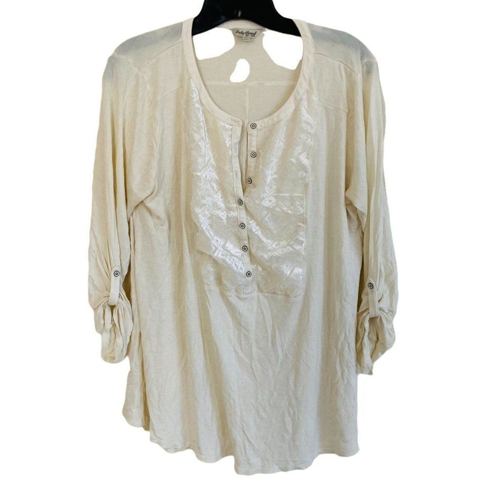 Lucky Brand Blouse Size 1X Off White Cotton Blend Adjustable Sleeves